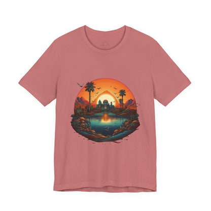 Sunset Oasis Unisex Tee - Summer Vibes, Graphic T-Shirt, Casualwear, Beachwear, Gift for Travelers, Nature Lover