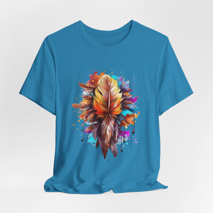 Colorful Feather Art Tee - Unisex Short Sleeve T-Shirt, Bohemian Top, Gift for Nature Lovers, Artisticwear, Casual Wear, Summer Tee