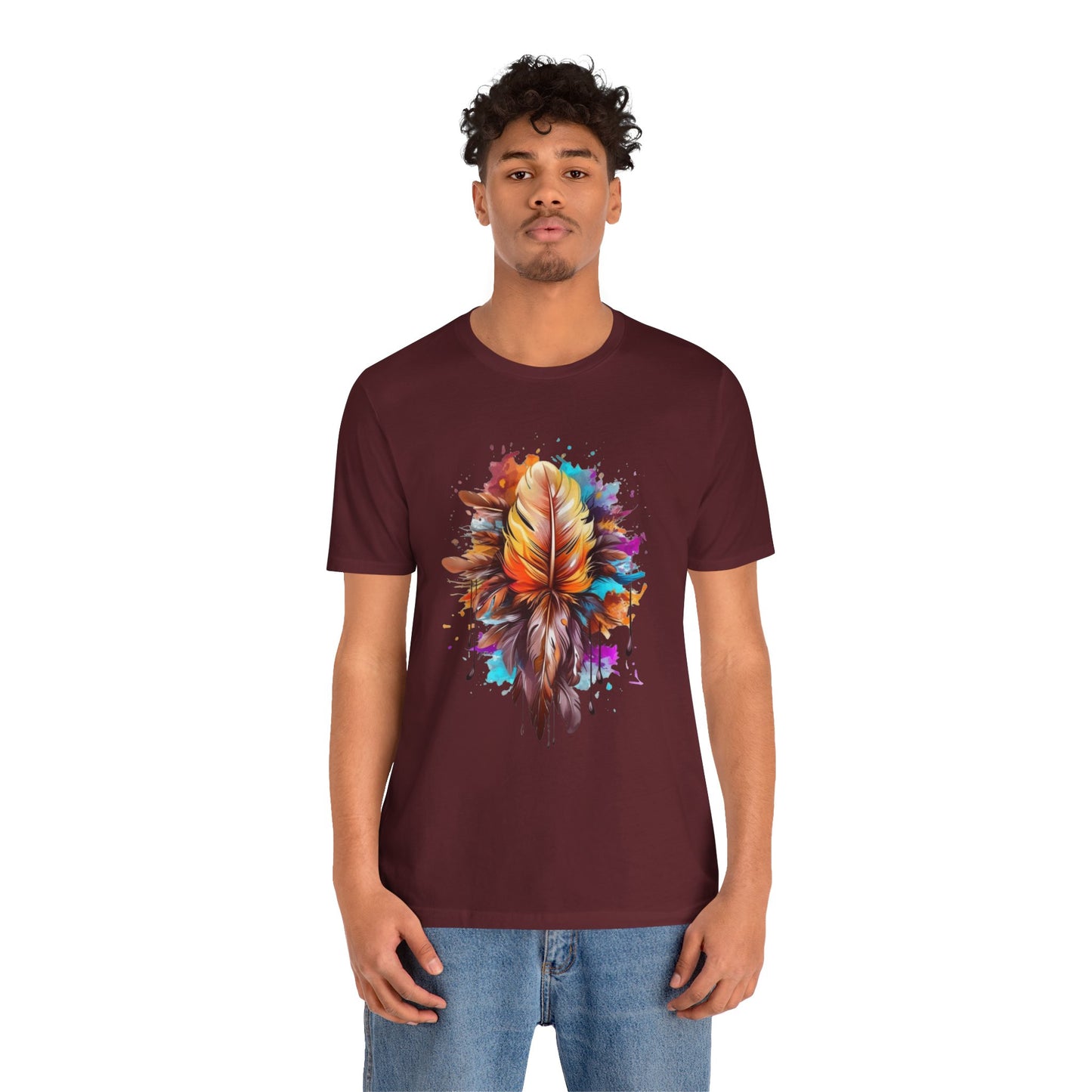Colorful Feather Art Tee - Unisex Short Sleeve T-Shirt, Bohemian Top, Gift for Nature Lovers, Artisticwear, Casual Wear, Summer Tee