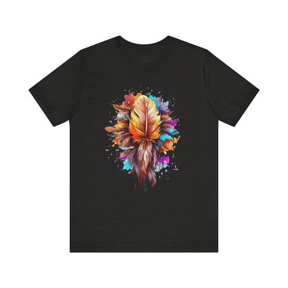Colorful Feather Art Tee - Unisex Short Sleeve T-Shirt, Bohemian Top, Gift for Nature Lovers, Artisticwear, Casual Wear, Summer Tee