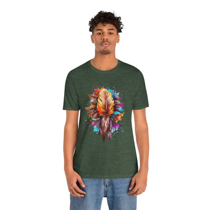 Colorful Feather Art Tee - Unisex Short Sleeve T-Shirt, Bohemian Top, Gift for Nature Lovers, Artisticwear, Casual Wear, Summer Tee