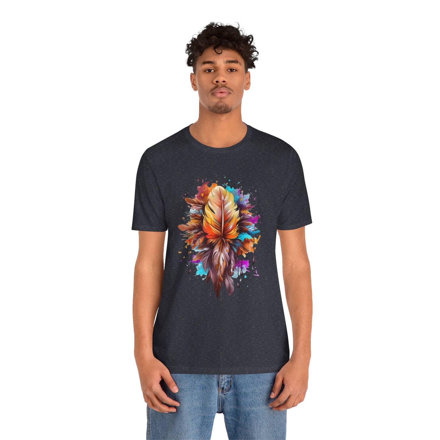 Colorful Feather Art Tee - Unisex Short Sleeve T-Shirt, Bohemian Top, Gift for Nature Lovers, Artisticwear, Casual Wear, Summer Tee