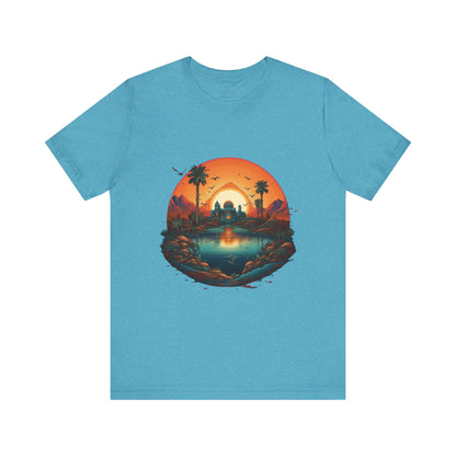 Sunset Oasis Unisex Tee - Summer Vibes, Graphic T-Shirt, Casualwear, Beachwear, Gift for Travelers, Nature Lover
