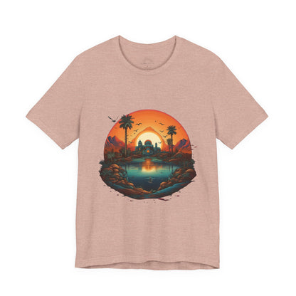 Sunset Oasis Unisex Tee - Summer Vibes, Graphic T-Shirt, Casualwear, Beachwear, Gift for Travelers, Nature Lover
