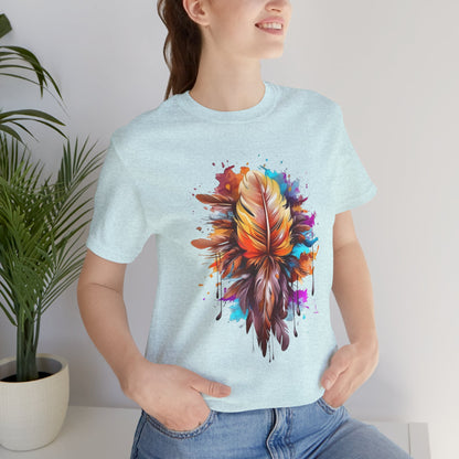 Colorful Feather Art Tee - Unisex Short Sleeve T-Shirt, Bohemian Top, Gift for Nature Lovers, Artisticwear, Casual Wear, Summer Tee