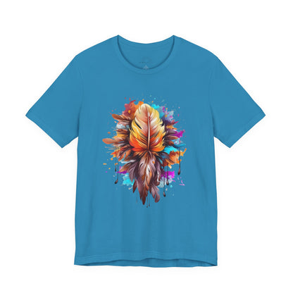 Colorful Feather Art Tee - Unisex Short Sleeve T-Shirt, Bohemian Top, Gift for Nature Lovers, Artisticwear, Casual Wear, Summer Tee