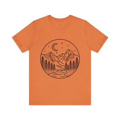 Mountain Nightscape Tee, Nature Lover Shirt, Camping Apparel, Adventure Outfit, Unisex Graphic Tee